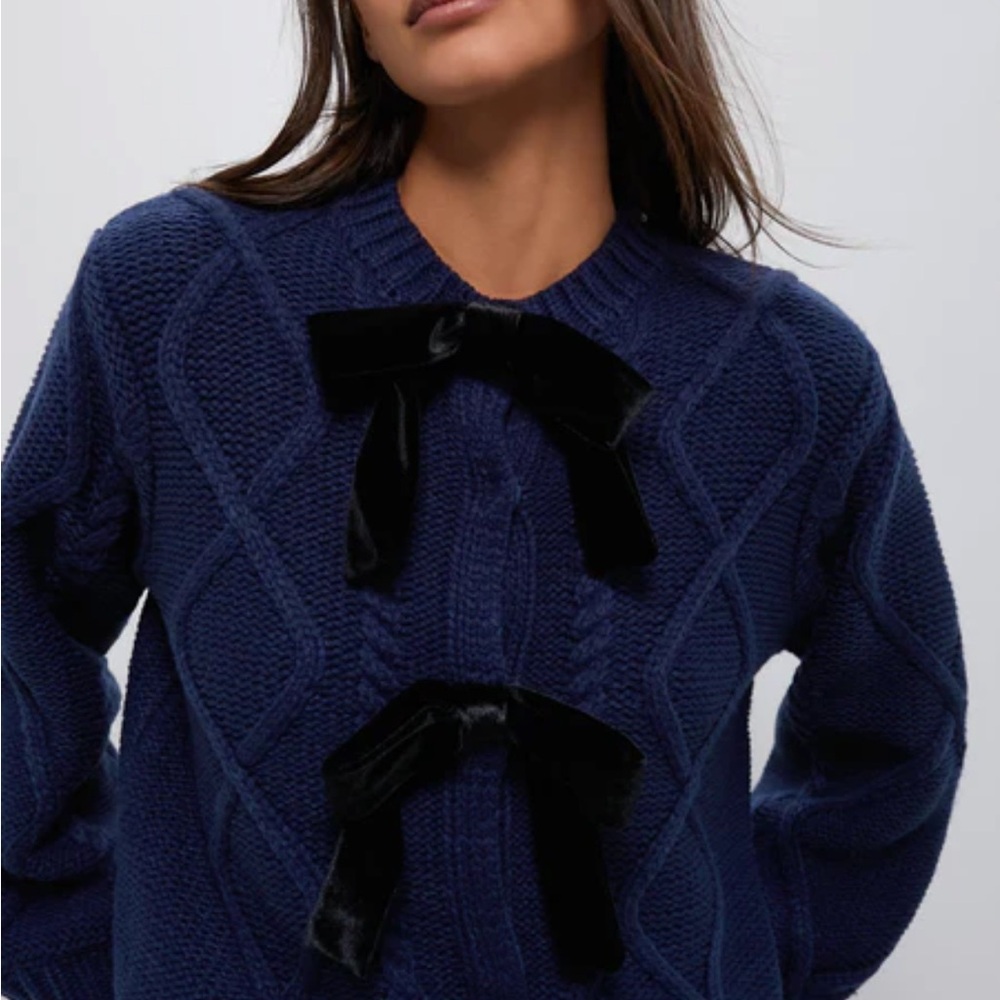 Blue and Black Crew Neck Sweater with Velvet Bow Details